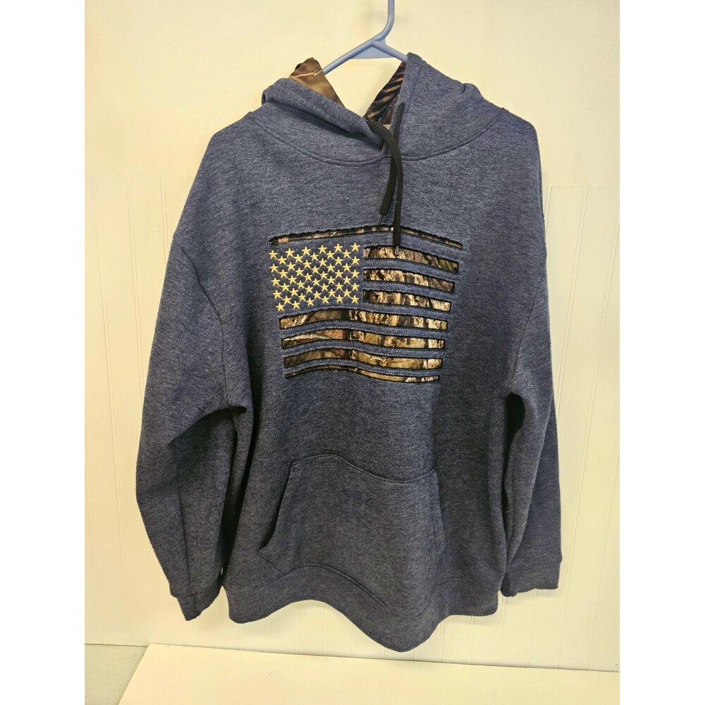 Mossy Oak Mens L Gray Polyester Fleece Pullover Hoodie Pockets Camo Flag